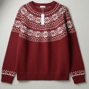 Bluivy Red Fair Isle Sweater Size S/M Nordic Snowflake Cozy Winter Pullover NWT